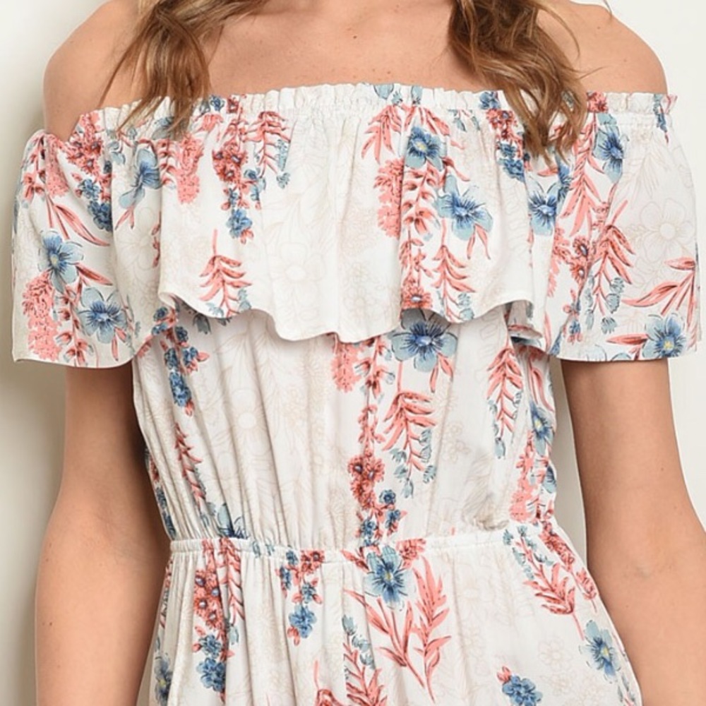 IVORY FLORAL OFF THE SHOULDERS ROMPER - Picture 2 of 6